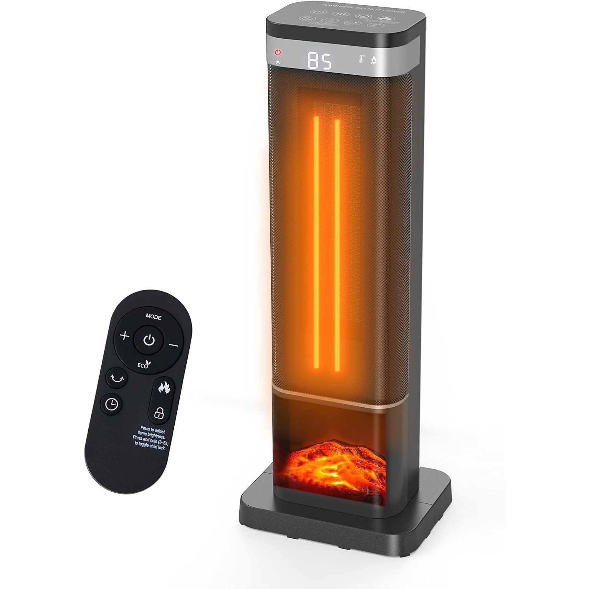 EdenDirect Ceramic Tower Space Heater — 24in., Adjustable Thermostat with Remote, Tip-Over Protection, 60° Oscillation, 4 Heat Modes, Flame Effect, Model# NTEHY9002-B
